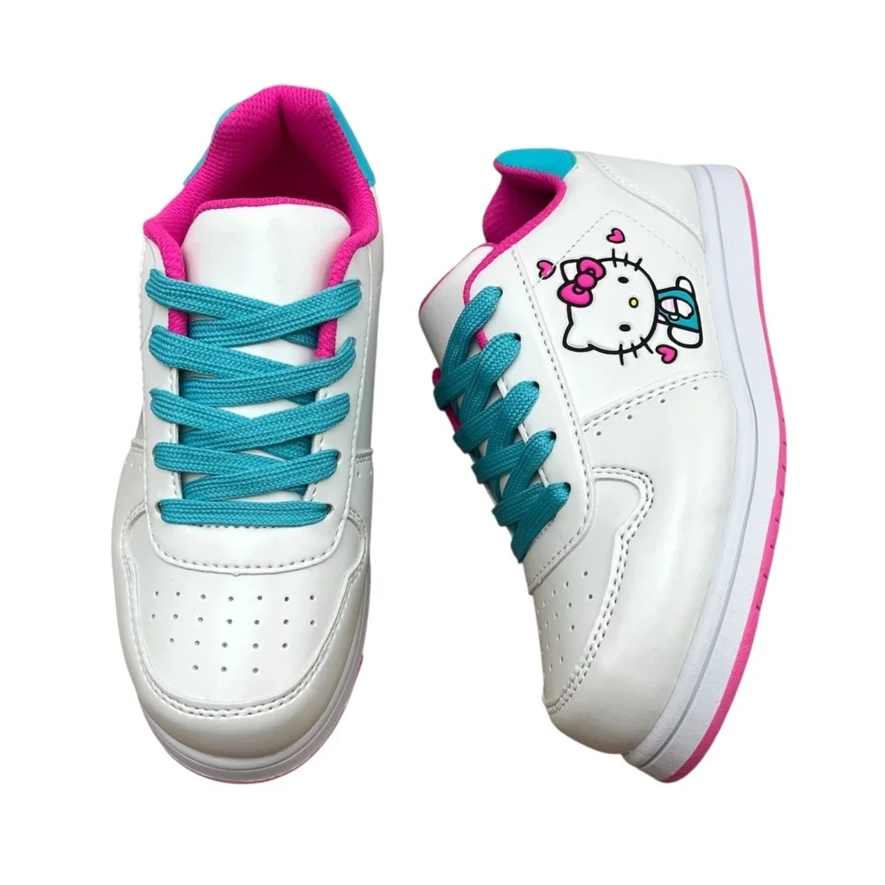Hello Kitty Youth Big Girls Court Sneakers Size 3 White Aqua Pink Casual Lace-Up